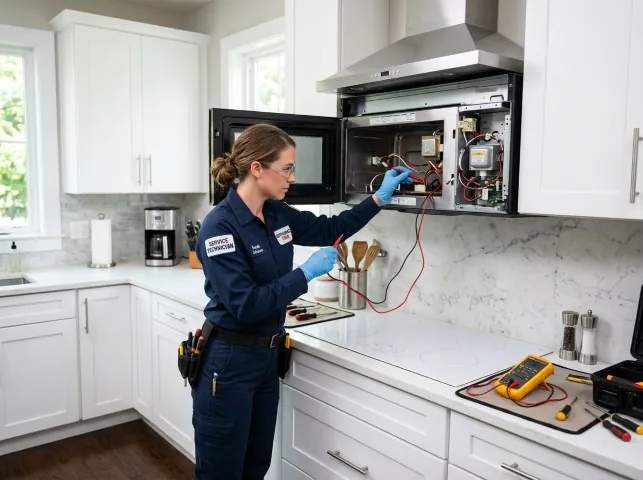 Appliance Repair Hero technician testing an over-the-range microwave in a Bristol, TN kitchen